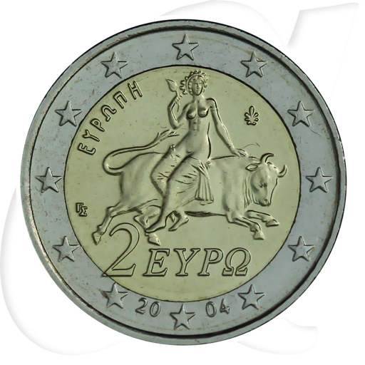 Griechenland 2 Euro Kursmünze 2004 st Göttin auf Stier