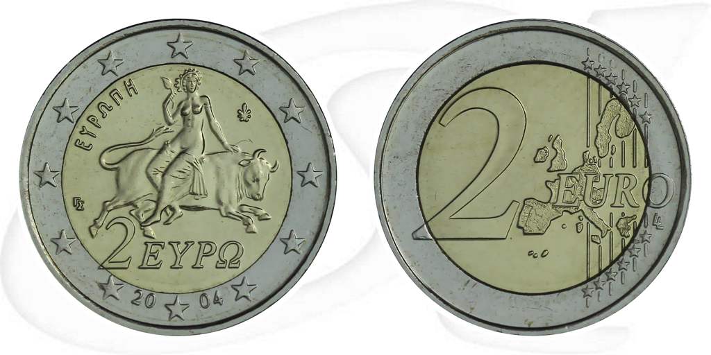 2 Euro Griechenland 2004 Münze Vorderseite und Rückseite zusammen
