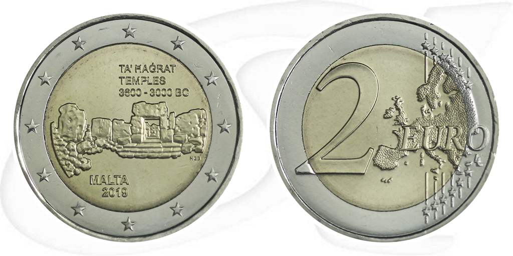 2 Euro Malta 2019 Münze Vorderseite und Rückseite zusammen