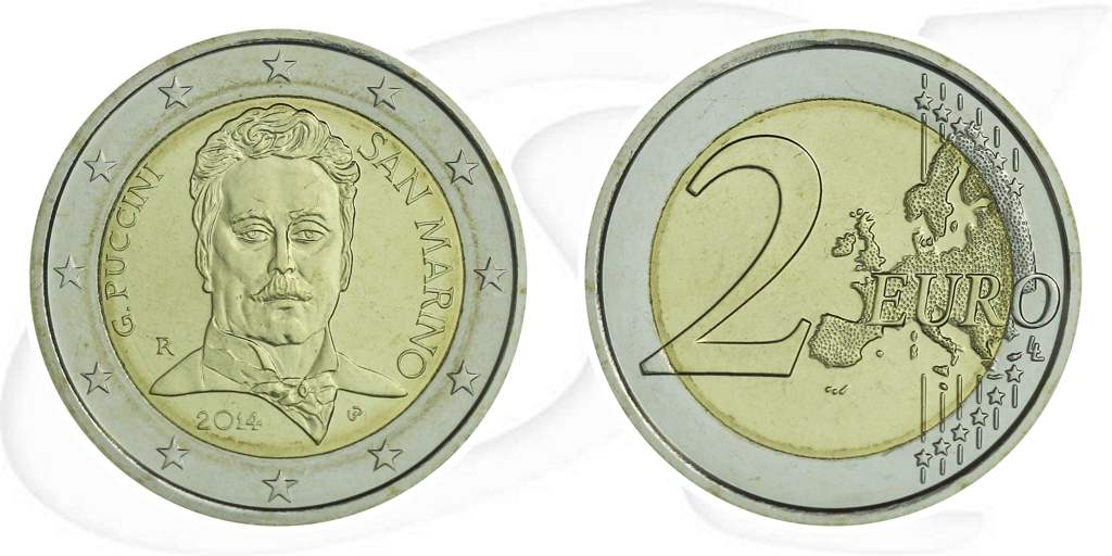 2 Euro Münze 2014 San Marino Münze Vorderseite und Rückseite zusammen