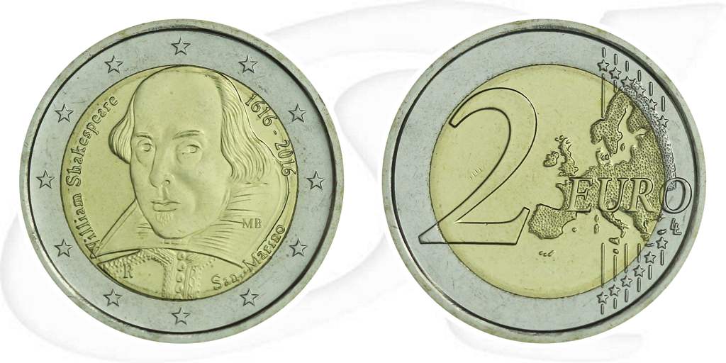 2 Euro Münze 2016 San Marino Münze Vorderseite und Rückseite zusammen