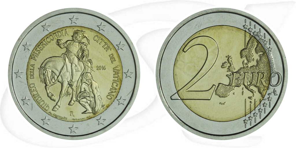 2 Euro Münze 2016 Vatikan Münze Vorderseite und Rückseite zusammen