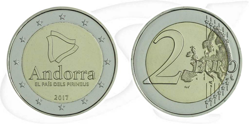 2 Euro Münze 2017 Andorra Münze Vorderseite und Rückseite zusammen