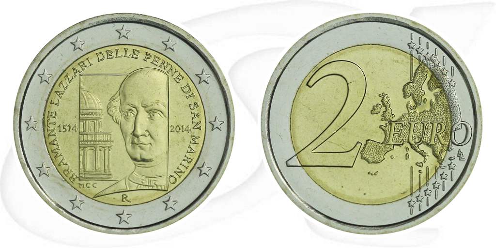 2 Euro Münze San Marino 2014 Münze Vorderseite und Rückseite zusammen