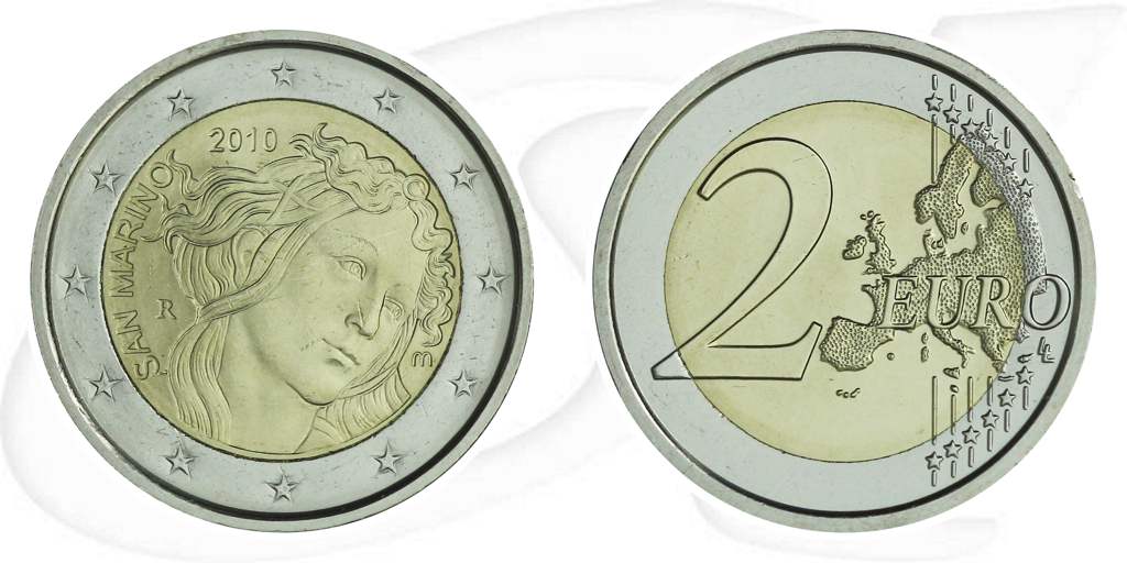 2 Euro San Marino 2010 Bottichelli Münze Vorderseite und Rückseite zusammen