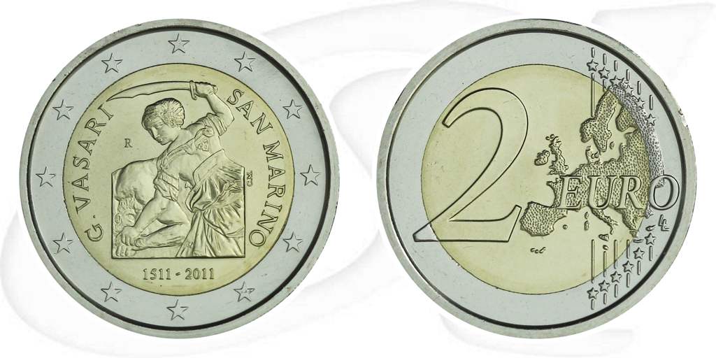 2 Euro San Marino 2011 Vasari Münze Vorderseite und Rückseite zusammen