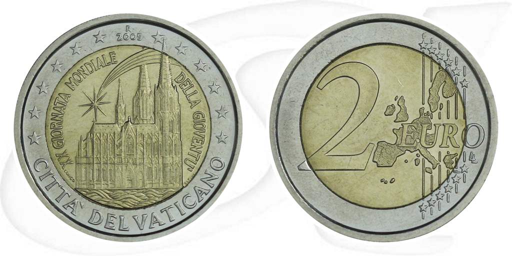 2 Euro Vatikan 2005 Münze Vorderseite und Rückseite zusammen