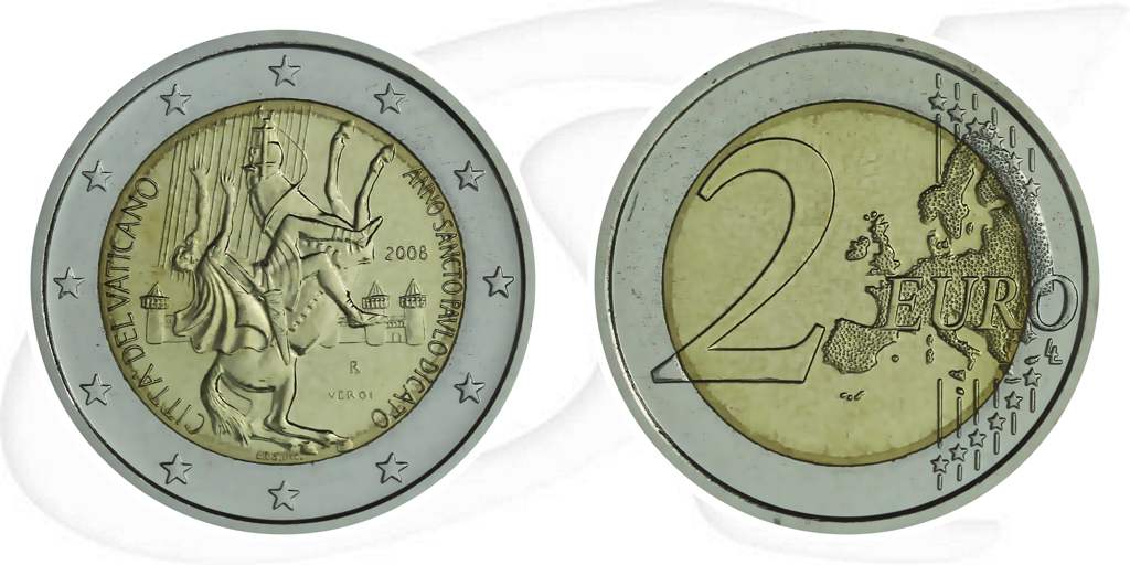 2 Euro Vatikan 2008 Münze Vorderseite und Rückseite zusammen
