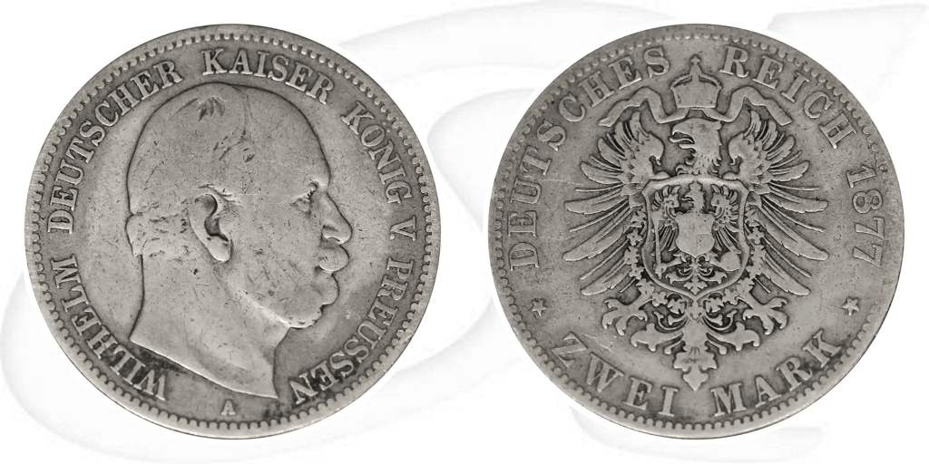 2 Mark 1877 Wilhelm Preussen Münze Vorderseite und Rückseite zusammen