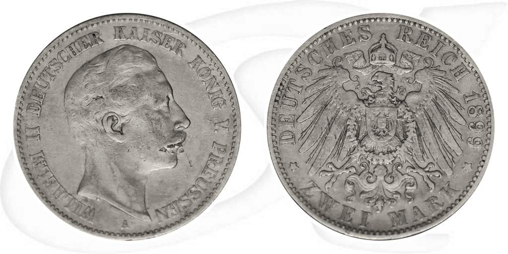 2 Mark 1899 Wilhelm Preussen Münze Vorderseite und Rückseite zusammen