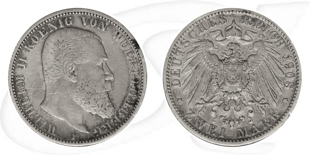 2 Mark 1908 Wilhelm Württemberg Münze Vorderseite und Rückseite zusammen