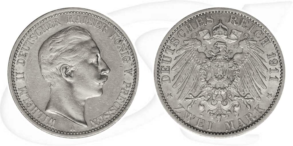 2 Mark 1911 Wilhelm Preussen Münze Vorderseite und Rückseite zusammen