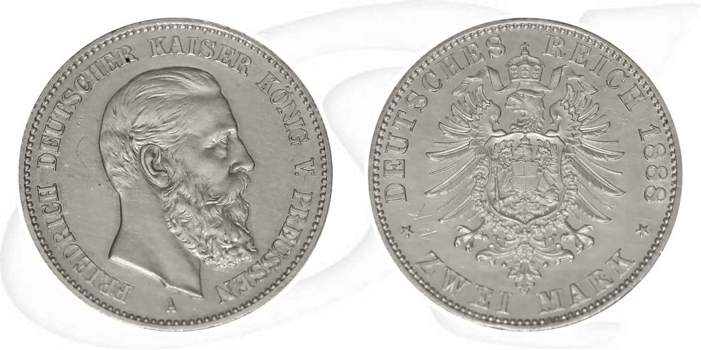 2 Mark König Friedrich 1888 Münze Vorderseite und Rückseite zusammen