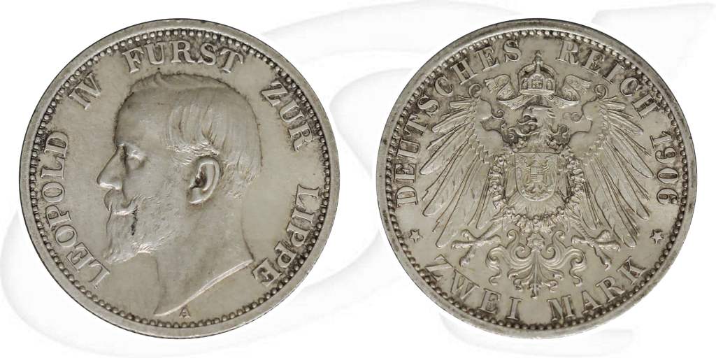 2 Mark Lippe 1906 Leopold IV Kaiserreich Münze Vorderseite und Rückseite zusammen