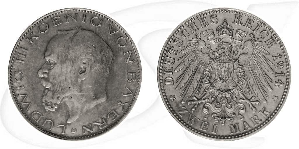 2 Mark Ludwig König von Bayern 1914 Münze Vorderseite und Rückseite zusammen