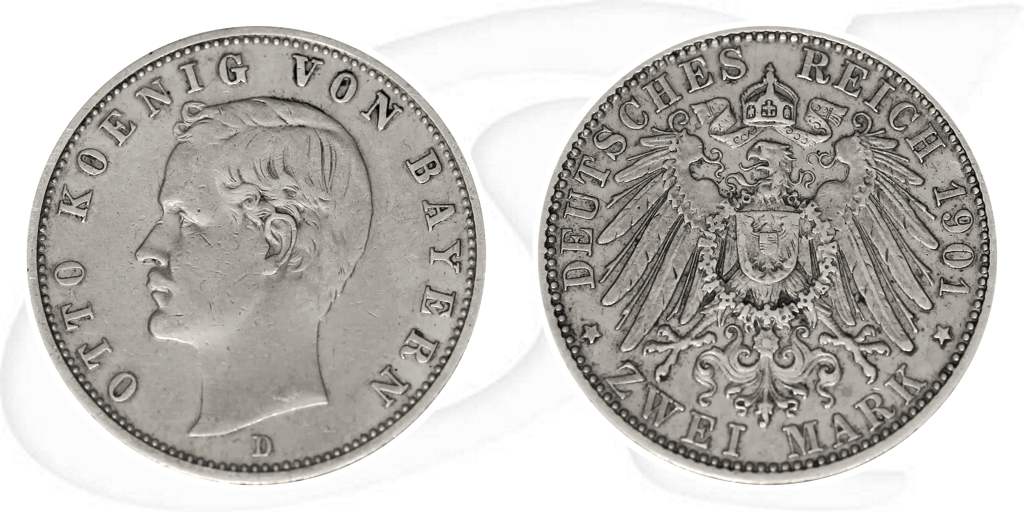 2 Mark Otto König von Bayern 1901 Münze Vorderseite und Rückseite zusammen
