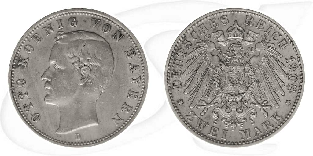 2 Mark Otto König von Bayern 1908 Münze Vorderseite und Rückseite zusammen