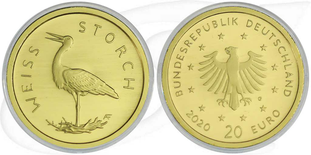 20 Euro 2020 Weißstorch Geutschland Gold Münze Vorderseite und Rückseite zusammen
