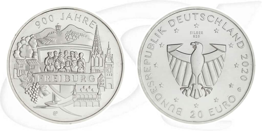 20 Euro Freiburg 2020 Münze Vorderseite und Rückseite zusammen