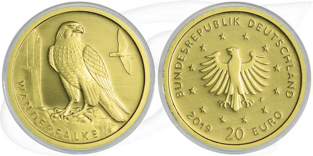20 Euro Gold Wanderfalke Münze Vorderseite und Rückseite zusammen