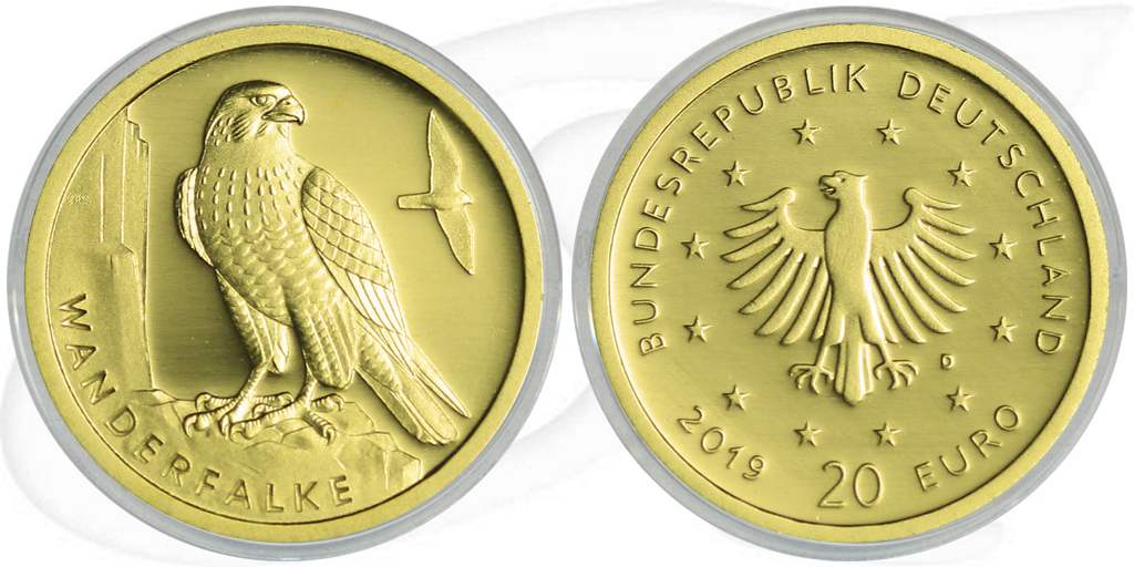 20 Euro Goldmünze Wanderfalke Münze Vorderseite und Rückseite zusammen