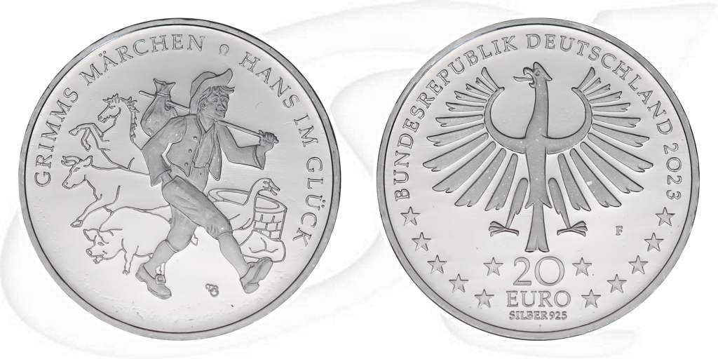 20 Euro Hans im Glück 2023 Deutschland Münze Vorderseite und Rückseite zusammen