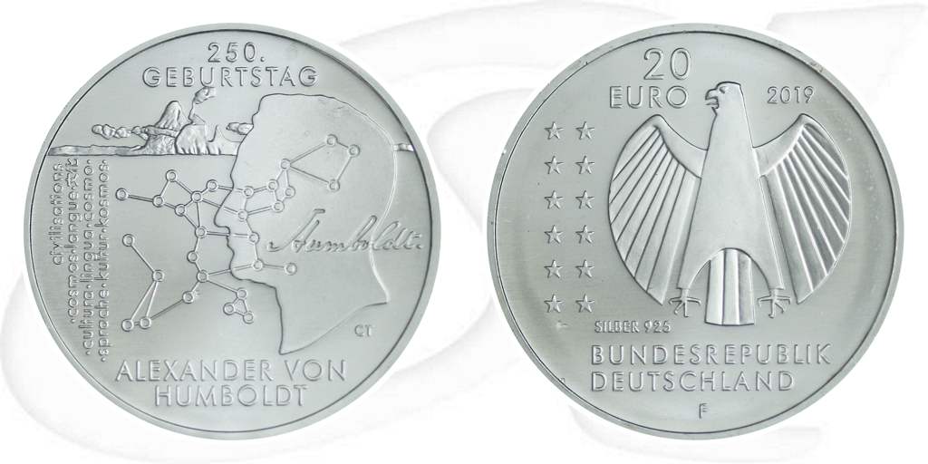 20 Euro Humboldt 2019 Münze Vorderseite und Rückseite zusammen
