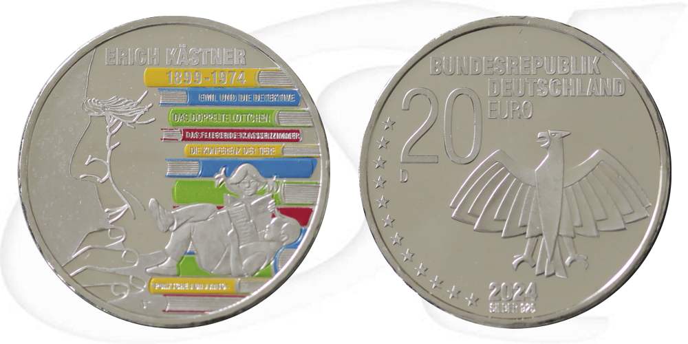 Deutschland 20 Euro 2024 D st 125. Geburtstag Erich Kästner Münze Vorderseite und Rückseite zusammen