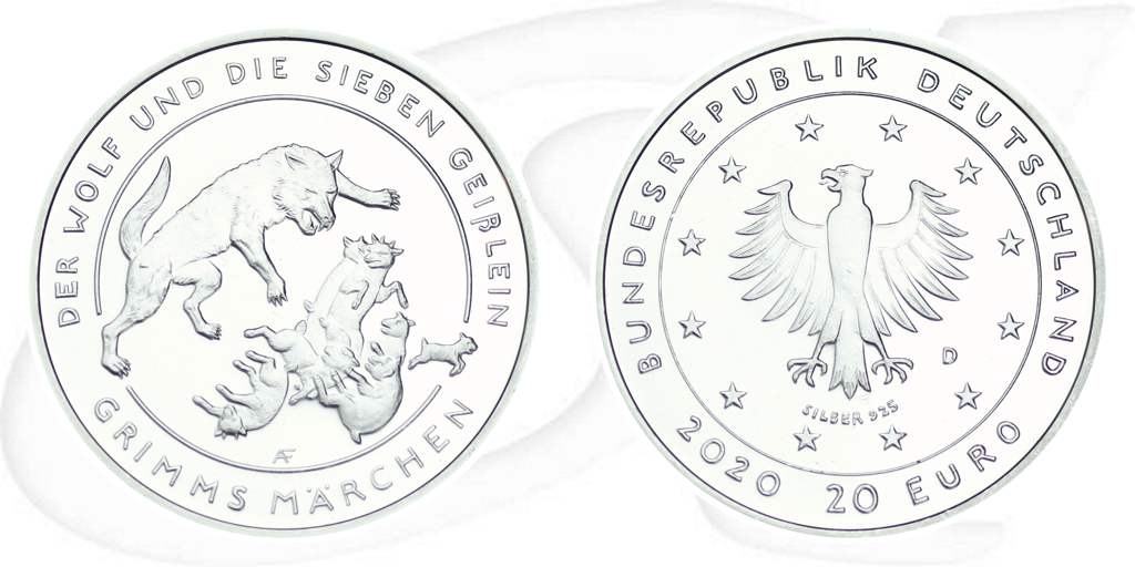 20 Euro Wolf 7 Geißlein 2020 Deutschland Münze Vorderseite und Rückseite zusammen