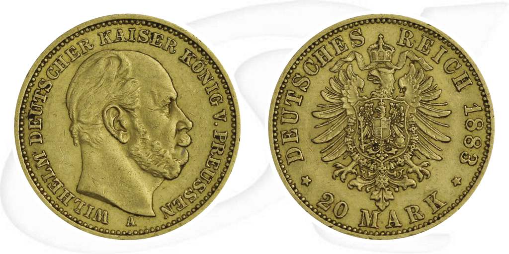 Deutschland Preussen 20 Mark Gold 1883 A ss Wilhelm I. Münze Vorderseite und Rückseite zusammen