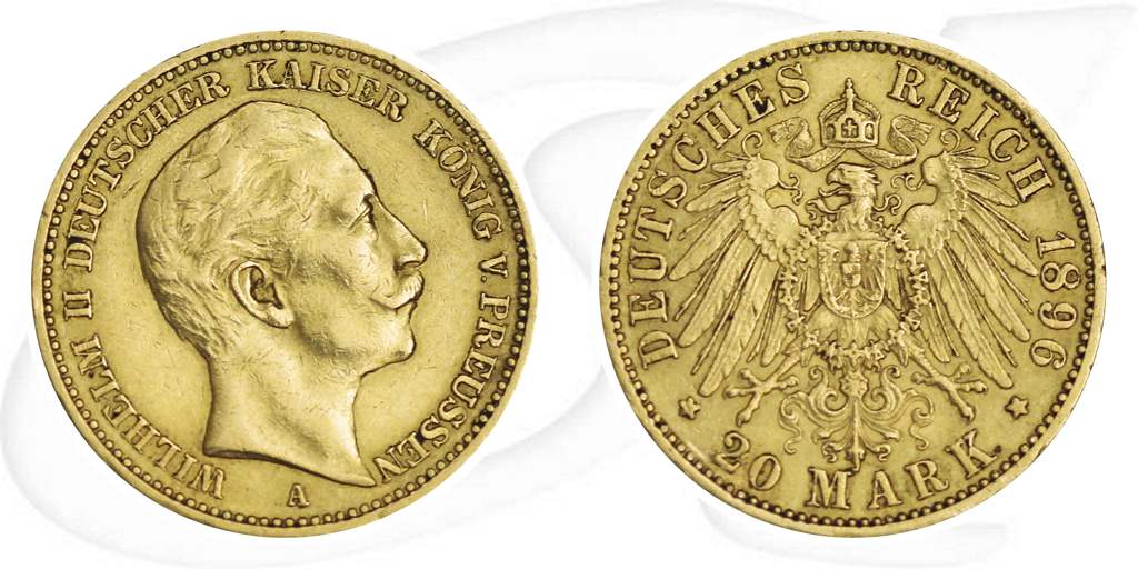 20 Mark Gold Deutsches Reich 1896 Münze Vorderseite und Rückseite zusammen