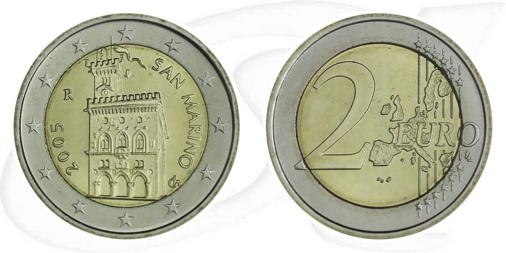2005 San Marino 2 Euro Umlauf Münze Kurs Münze Vorderseite und Rückseite zusammen