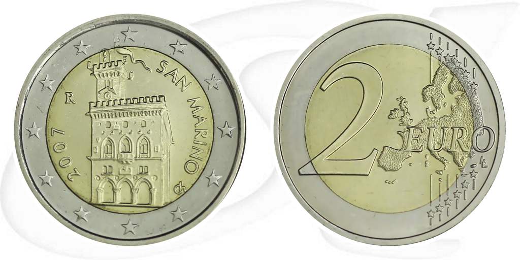2007 San Marino 2 Euro Umlauf Münze Kurs Münze Vorderseite und Rückseite zusammen