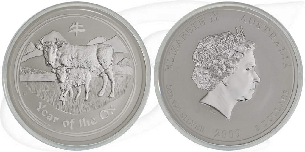 2009 Ochse 8 Dollar Australien Silber Lunar Münze Vorderseite und Rückseite zusammen