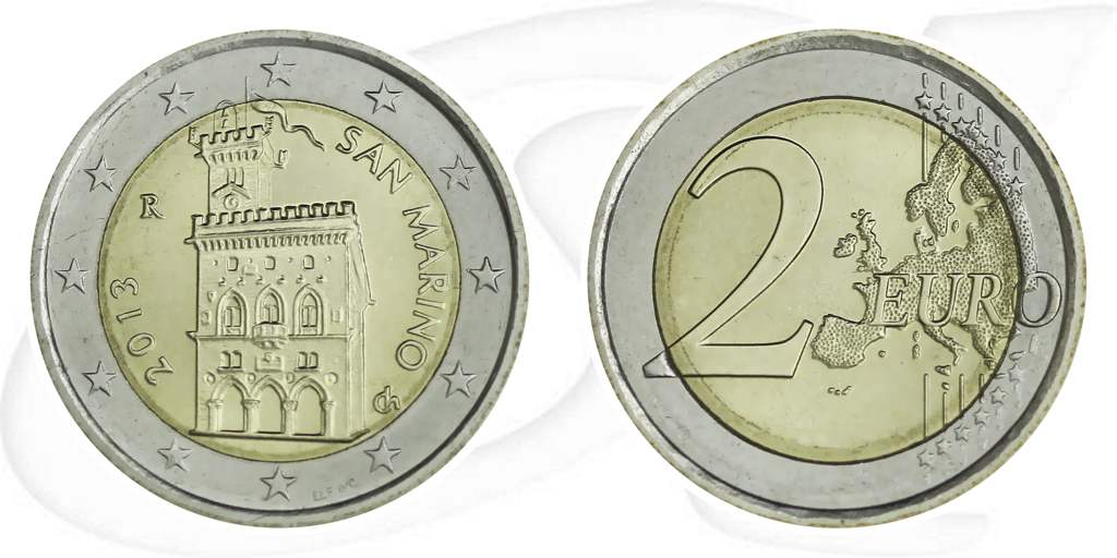 2013 San Marino 2 Euro Umlauf Münze Kurs Münze Vorderseite und Rückseite zusammen