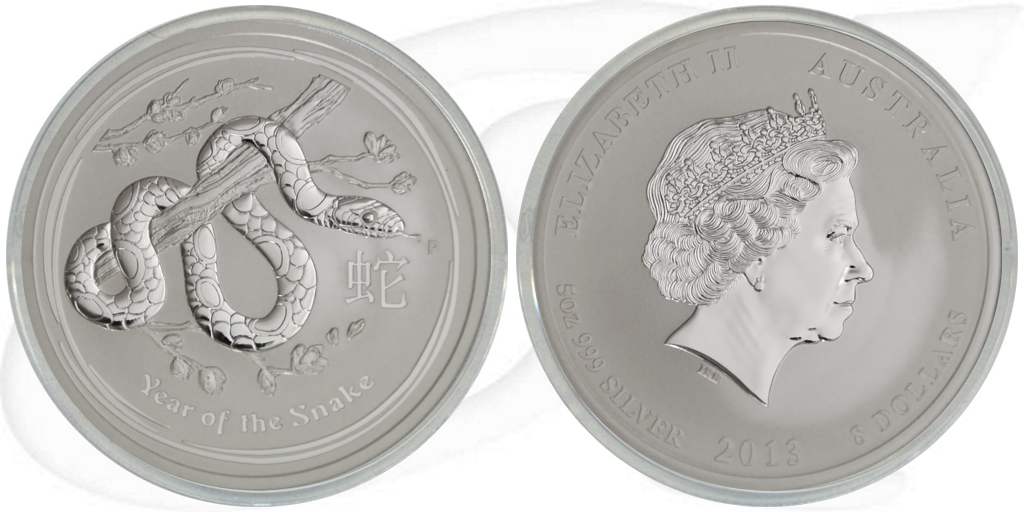 2013 Schlange 8 Dollar Australien Silber Lunar Münze Vorderseite und Rückseite zusammen
