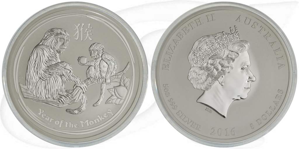 2016 Affe 8 Dollar Australien Silber Lunar Münze Vorderseite und Rückseite zusammen