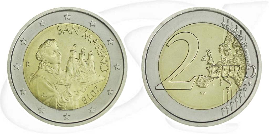 2018 San Marino 2 Euro Umlauf Kurs Marinus Münze Vorderseite und Rückseite zusammen