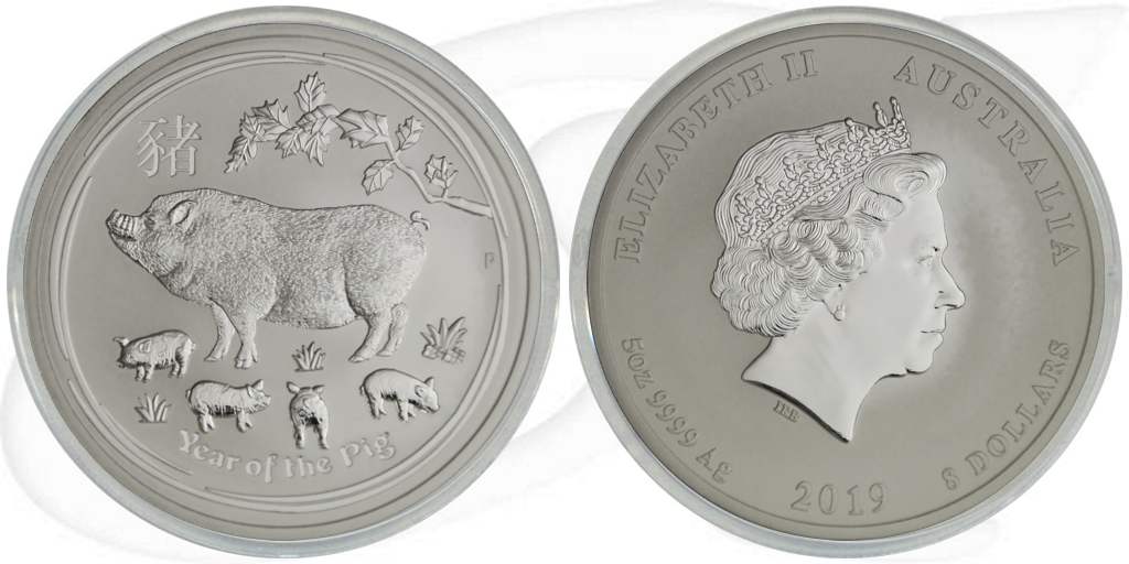 2019 Schwein 8 Dollar Australien Silber Lunar Münze Vorderseite und Rückseite zusammen