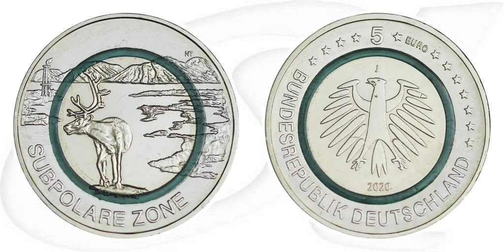 2020 Subpolare Zone türkis Deutschland 5 Euro Münze Vorderseite und Rückseite zusammen