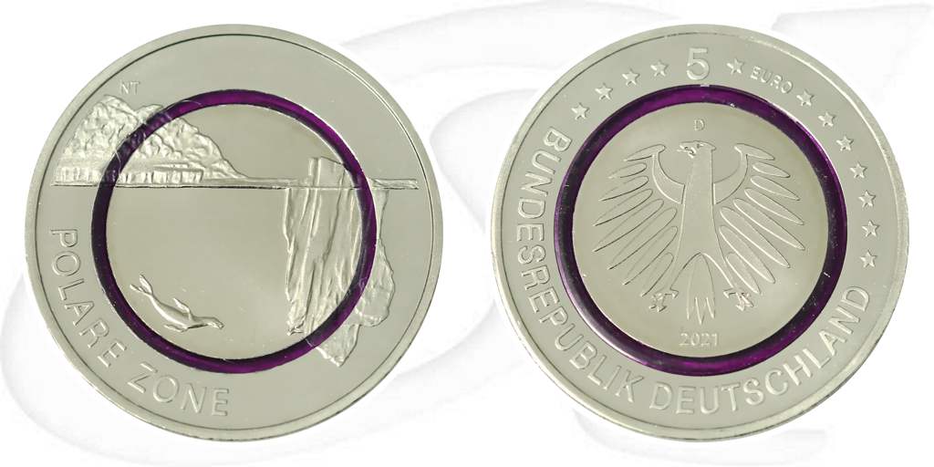 2021 D Polare Zone 5 Euro violetter Ring München Münze Vorderseite und Rückseite zusammen
