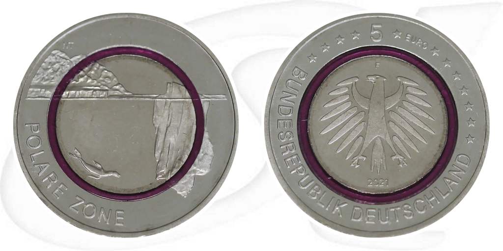 2021 F Polare Zone 5 Euro violetter Ring Stuttgart Münze Vorderseite und Rückseite zusammen