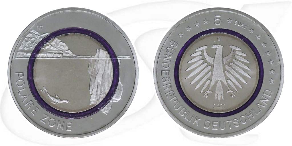2021 G Polare Zone 5 Euro violetter Ring Karlsruhe Münze Vorderseite und Rückseite zusammen