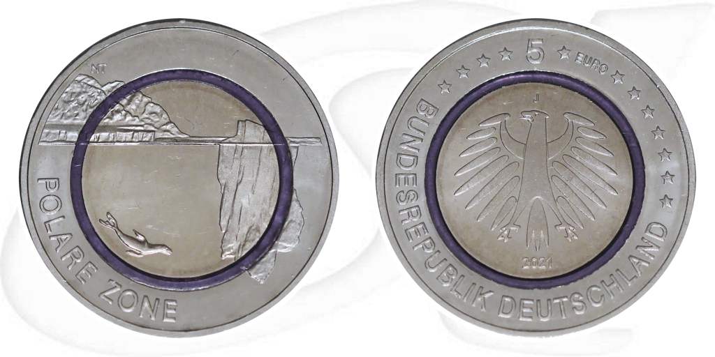 2021 J Polare Zone 5 Euro violetter Ring Hamburg Münze Vorderseite und Rückseite zusammen