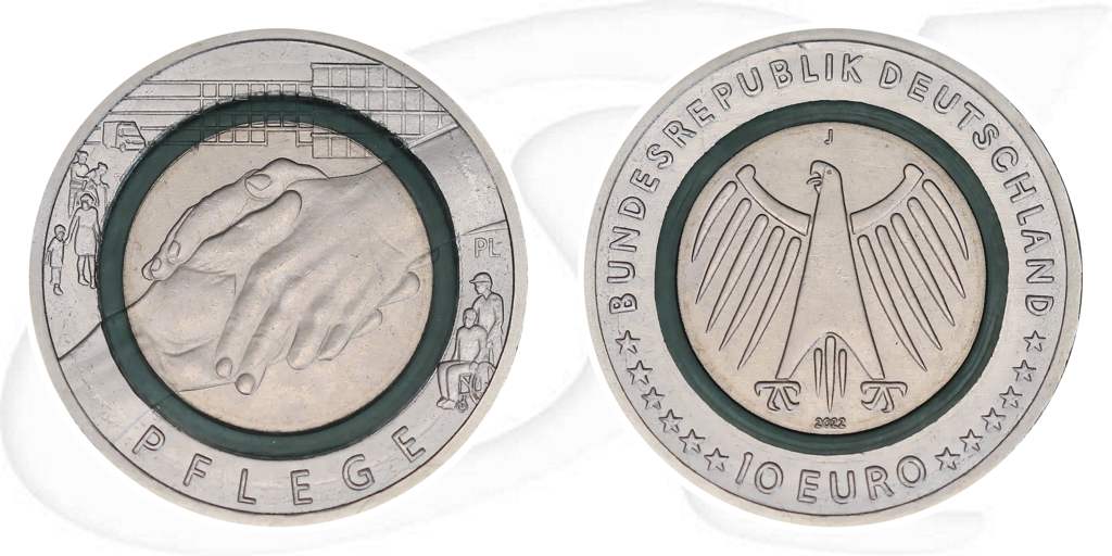 2022 Pflege J 10 Euro Deutschland Münze Vorderseite und Rückseite zusammen