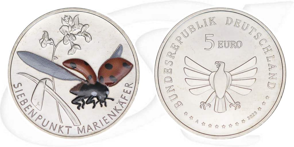 2023-marienkaefer-siebenpunkt-5-euro-deutschland-wunderwelt-insekten Münze Vorderseite und Rückseite zusammen