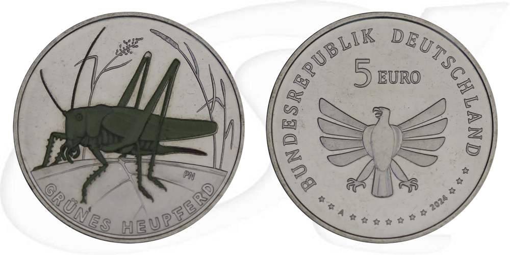 2024-heupferd-5-euro-deutschland-wunderwelt-insekten-heuschrecke Münze Vorderseite und Rückseite zusammen