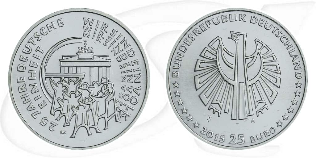 BRD 25 Euro Silber 2015 A st/prägefrisch 25 Jahre Deutsche Einheit Münze Vorderseite und Rückseite zusammen