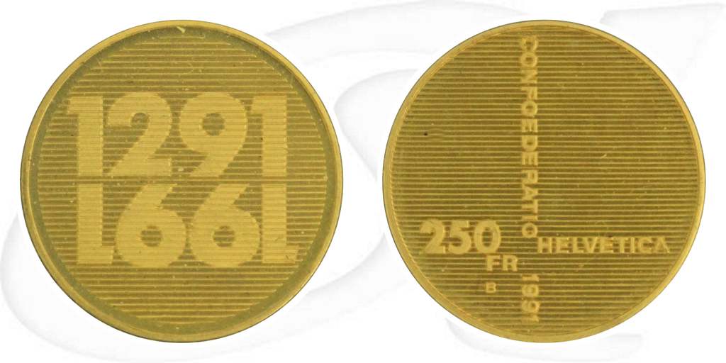 Schweiz 250 Franken 1991 Gold 7,20g fein Eidgenossenschaft st/prägefrisch Münze Vorderseite und Rückseite zusammen