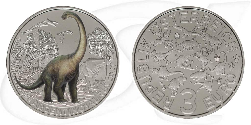 3 Euro 2021 Argentinosaurus Österreich Münze Vorderseite und Rückseite zusammen
